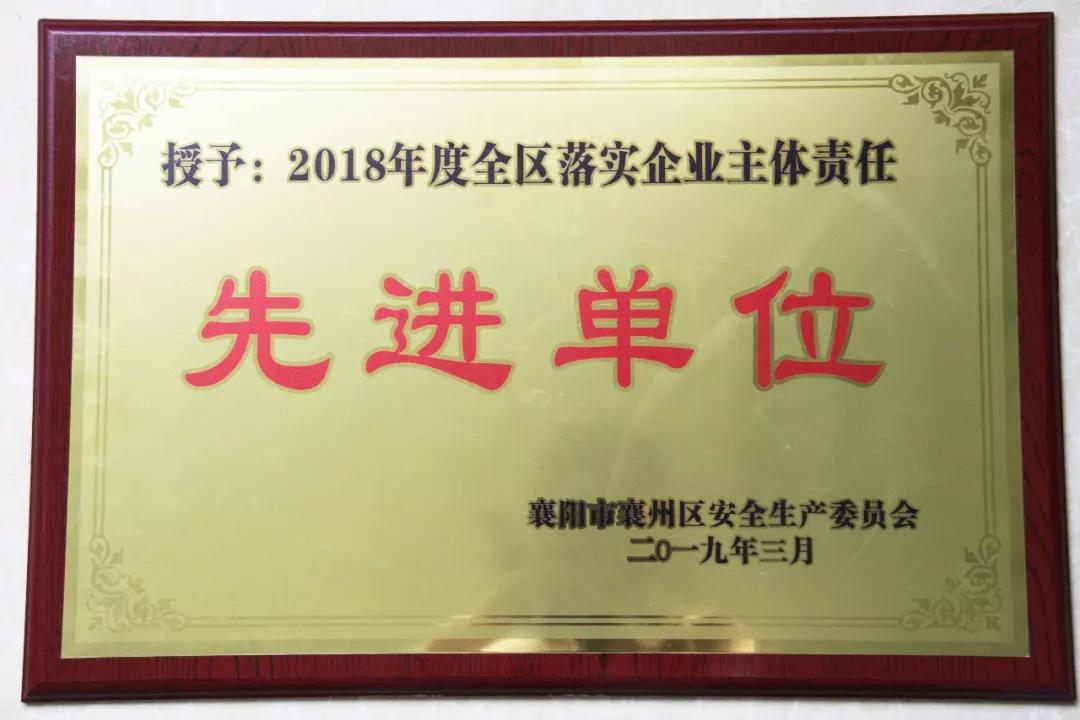 万象城平台重工被授予2018年度 全区落实企业主体责任先进单位